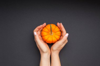 Yaratıcı en iyi görünüm düz sonbahar kompozisyon yatıyordu. Kavram Turuncu kabak eller siyah Kağıt arka plan kopya alan minimalizm şablon sonbahar hasat Şükran günü Cadılar Bayramı yıldönümü davet kartı