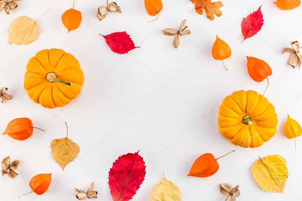 Creative Top view flat lay autumn composition. Pumpkins dried orange flowers leaves background copy space. Template frame fall harvest thanksgiving halloween anniversary invitation cards