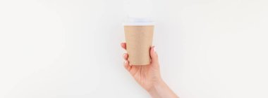 Uzun geniş afiş minimalizm tarzı beyaz arka plan üzerinde izole kopya alanı ile kağıt kahve Kupası zanaat tutan kadın el sahte. Kadınsı blog, sosyal medya için şablon