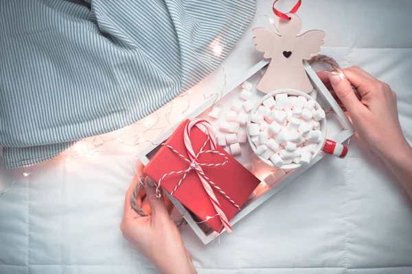 Silvester Oder Weihnachten Flach Liegend Draufsicht Mit Heißem Kakao Kaffee — Stockfoto