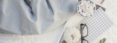 Yaratıcı en iyi görünüm düz yatıyordu eşik hayat sonbahar kompozisyon sıcak kakao kahve çikolata şekerleme kupa kabaklar gözlük tepsi yatak kavramı sonbahar rahat sıcak ev konfor sabah doğal ışık uzun geniş afiş