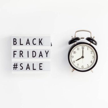 Yaratıcı üst görüntülemek düz yatıyordu promosyon kompozisyon Black friday satış metin lightbox çalar saat beyaz arka plan kopya alanı Meydanı şablon siyah Cuma satış mockup Şükran promosyon reklam