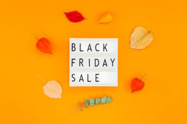 Yaratıcı üst görüntülemek düz yatıyordu promosyon kompozisyon siyah Cuma satış metin beyaz lightbox üzerinde turuncu arka plan kopya alanı şablonu siyah Cuma satış mockup düşmek Şükran promosyon reklam bırakır.