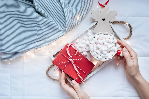 New Year Christmas Flat Lay Top View Hot Cacao Coffee — Stock Photo, Image