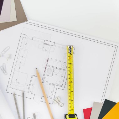 Yaratıcı düz yatıyordu ek yükü üstten görünüm planları mimari düz proje planı ve ofis malzemeleri dekoratör kare beyaz tablo çalışma alanı renk örnekleri araçları ve ekipmanları arka plan kopya alanı kavramı