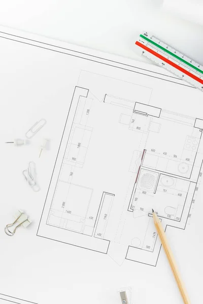 Plan Proyecto Plano Arquitectónico Plano Suministros Oficina Espacio Trabajo Mesa —  Fotos de Stock