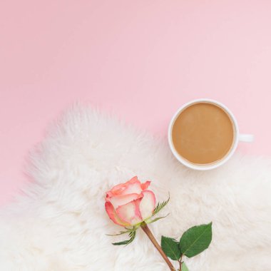 Yaratıcı düz yatıyordu genel gider üst bin yıllık pembe arka plan kopya alanı en az stil üzerinde kahve süt sütlü kahve Kupası gül çiçek görüntüleyin. Sonbahar sezonu şablon kadınsı blog sosyal medya Sevgililer günü için
