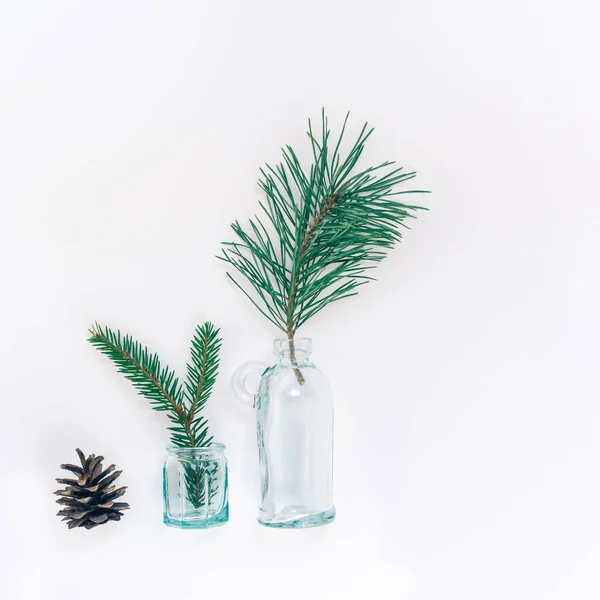 Nyttårs Eller Julesettingens Flate Utsikt Julehøytidsfeiring Håndlagde Håndlagde Små Glassflasker – stockfoto