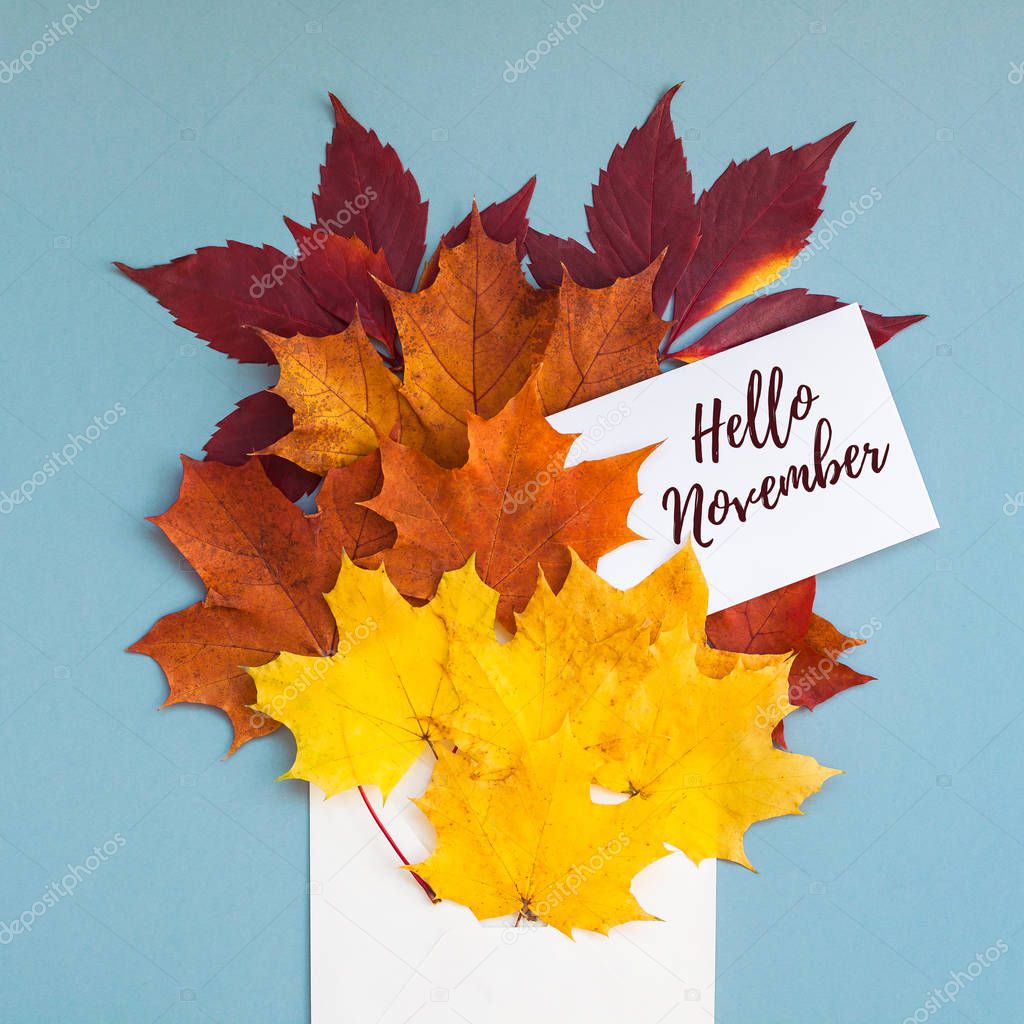 Creative Top view flat lay autumn concept composition. Envelope dried bright autumn leaves grey blue paper background copy space Square mock up fall thanksgiving wedding anniversary invitation cards