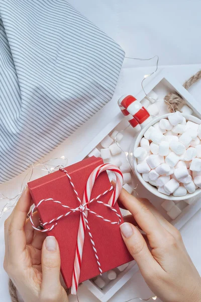 Silvester Oder Weihnachten Flach Liegend Draufsicht Mit Heißem Kakao Kaffee — Stockfoto