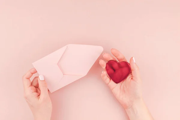 Creative Image Woman Hand Holding Small Love Letter Red Heart — Stock Photo, Image