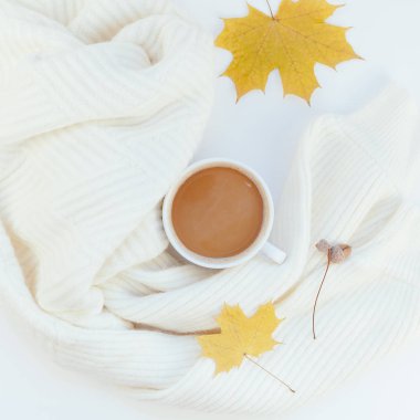 Yaratıcı sonbahar düz yatıyordu ek yükü üstten görünüm kahve Kupası beyaz arka plan kopya alanı en az tarzı sonbahar kış sezonu şablonuna kadınsı blog sosyal medya için sıcak örme kazak
