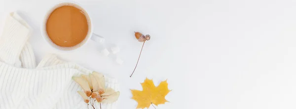 Creative Jesień Płasko Świeckich Widok Napowietrznych Góry Kawy Kubek Ciepłe — Zdjęcie stockowe