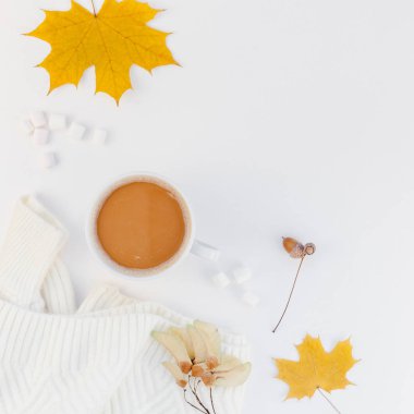 Yaratıcı sonbahar düz yatıyordu ek yükü üstten görünüm kahve Kupası beyaz arka plan kopya alanı en az tarzı sonbahar kış sezonu şablonuna kadınsı blog sosyal medya için sıcak örme kazak
