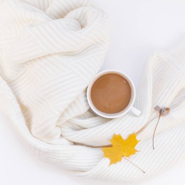 Yaratıcı sonbahar düz yatıyordu ek yükü üstten görünüm kahve Kupası beyaz arka plan kopya alanı en az tarzı sonbahar kış sezonu şablonuna kadınsı blog sosyal medya için sıcak örme kazak