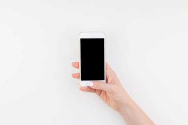 Kadın el ile kopya alanı minimalizm tarzı ile beyaz arka plan üzerinde izole smartphone tutan pastel manikür Lehçe. Şablon kadınsı blog sosyal teknolojik medya için sahte