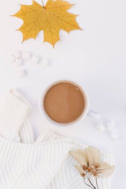 Yaratıcı sonbahar düz yatıyordu ek yükü üstten görünüm kahve Kupası beyaz arka plan kopya alanı en az tarzı sonbahar kış sezonu şablonuna kadınsı blog sosyal medya için sıcak örme kazak
