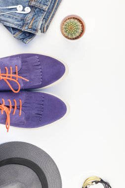 Düz beyaz arka plan kopya alanı ile kulaklıktan süet ayakkabı, kot, gri şapka, kaktüs ve akıllı telefon yatırın. Kadın rahat kıyafet havai görünümü. Trendy hipster bak üstten görünüm
