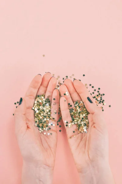 Año Nuevo Navidad Vista Superior Las Manos Mujer Manicura Negro — Foto de Stock