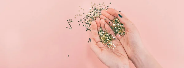 Año Nuevo Navidad Vista Superior Las Manos Mujer Manicura Negro — Foto de Stock