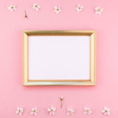 Boş çerçeve sahte kavramı en iyi görünümünü kare düz yığmak ve kiraz ağacı çiçek pastel bin yıllık üzerinde arka plan kopya alanı en az stili, yazı, metin veya tasarım şablonu ile pembe