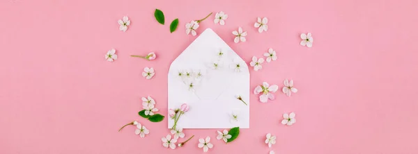 Creative flat lay long wide banner of blank letter envelope and spring cherry tree flowers on millennial pink background with copy space in minimal style, template for celebration, valentine cards