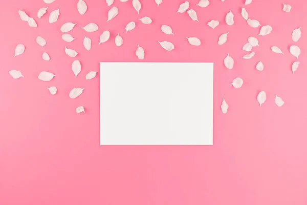 創造的なフラット白紙のはがきモックの概念上面に置くし リンゴの木の花のシンプルなスタイル テキストのテンプレートにコピー スペースとパステル ピンクの背景に花びら — ストック写真