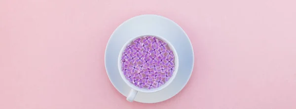 Creative Flat Lay Concept Top View White Cup Beautiful Lilac — Stock Photo, Image