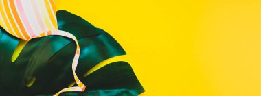 Tropikal orman palmiye monstera yaprakları ve bir kadının mayo üstüne parlak sarı Kağıt arka plan. Yaz metin için yaratıcı düz yatıyordu kavramı şablon tatiller. Uzun geniş afiş