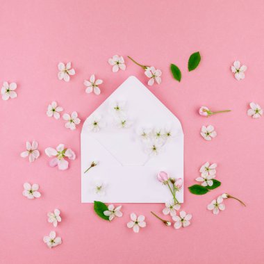 Kare düz kavramı üstten görünüm boş mektup zarfının lay ve en az tarzı, kutlama, Sevgililer kartları için şablon alan bahar kiraz ağacı çiçekleri ile bin yıllık pembe arka plan üzerinde kopyalama