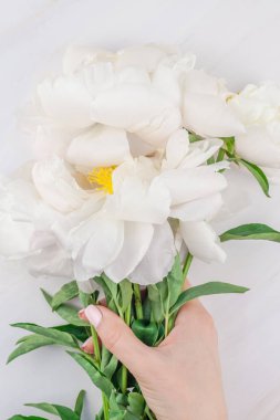 Güzel kopya alanı en az tarzı, kartpostal, yazı, metin veya tasarım şablonu mermer zemin üzerine beyaz şakayık çiçekleri blooming. Düğün davetiyesi ve kutlama tebrik kavramı