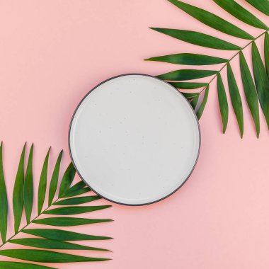 Yaratıcı düz yeşil tropikal palmiye yaprak üstten görünüm boş plaka ile bin yıllık pembe Kağıt arka plan kopya yer sahte yatıyordu. En az tropikal palmiye yaprağı bitkiler yaz kavramı şablon metin veya tasarım için