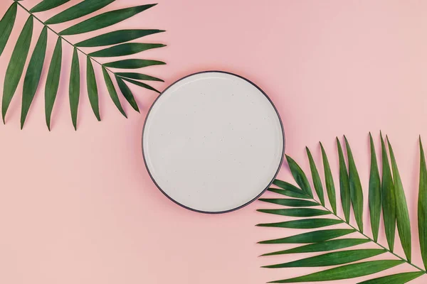 Creative flat lay top view of green tropical palm leaves millennial pink paper background with empty plate mock up copy space. Minimal tropical palm leaf plants summer concept template for your text or design