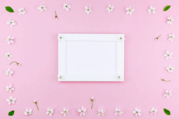 Creative flat lay concept top view of blank frame mock up and cherry tree flowers on pastel millennial pink background with copy space in minimal style, template for lettering, text or design