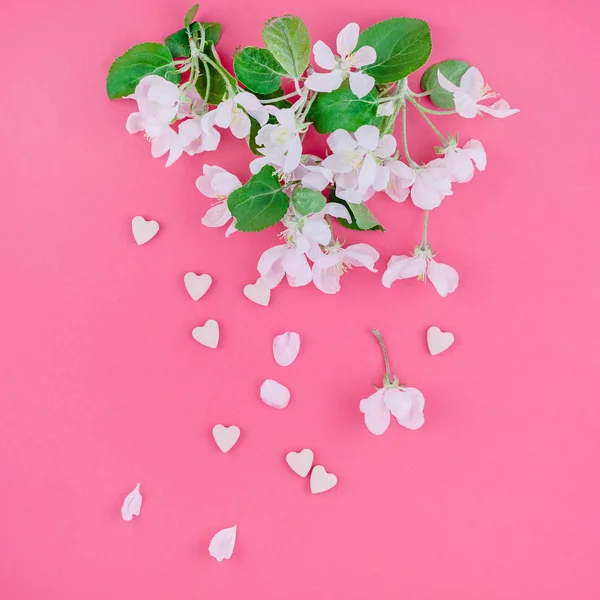 Креативный Вид Сверху Цветущие Цветы Яблони Обрамляет Рамку Тысячелетнем Розовом — стоковое фото