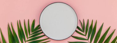 Yaratıcı düz yeşil tropikal palmiye yaprak üstten görünüm boş plaka ile bin yıllık pembe Kağıt arka plan kopya yer sahte yatıyordu. En az tropikal palmiye yaprağı bitki yaz şablon metin veya tasarım için