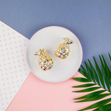 Yaratıcı düz yeşil tropikal palmiye yaprak üstten görünüm boş plaka ile bin yıllık pembe Kağıt arka plan kopya yer sahte yatıyordu. En az tropikal palmiye yaprağı bitki yaz şablon metin veya tasarım için