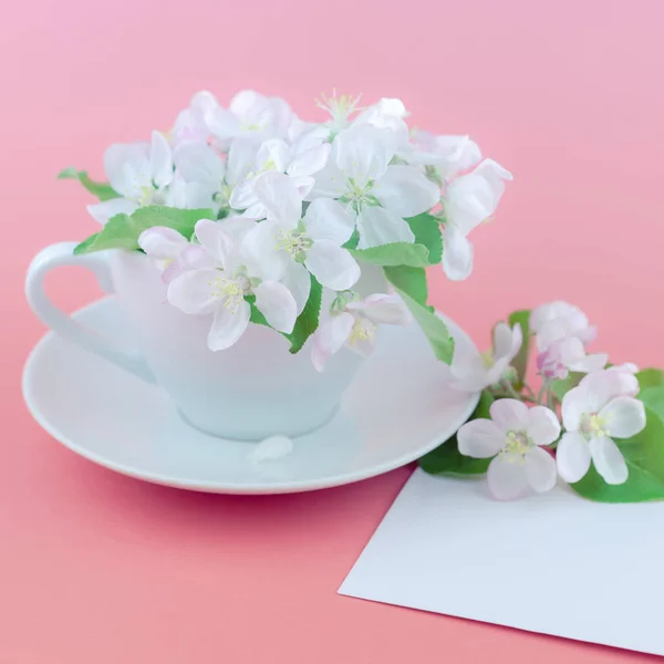 Creative concept of coffee cup and white apple tree blooming flowers on pink background with postcard mock up and copy space in minimal style, template for text