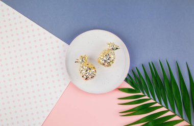 Yaratıcı düz yeşil tropikal palmiye yaprak üstten görünüm boş plaka ile bin yıllık pembe Kağıt arka plan kopya yer sahte yatıyordu. En az tropikal palmiye yaprağı bitki yaz şablon metin veya tasarım için