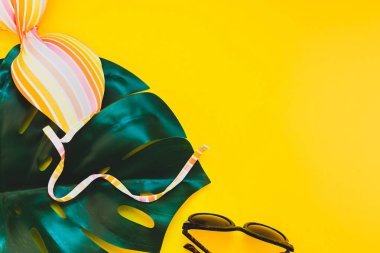 Tropikal orman palm monstera, güneş gözlüğü ve parlak sarı kağıt arka plan bir kadının mayo üstüne bırakır. Metin için yaratıcı düz yatıyordu kavramı şablon yaz tatil