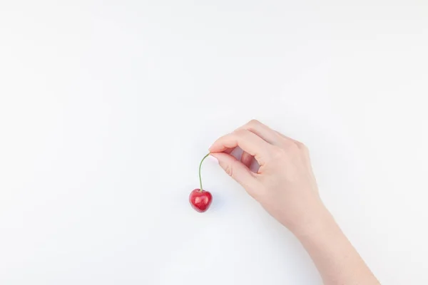 Creative Top View Fresh Ripe Cherry Female Hands Copy Space — Stock Photo, Image