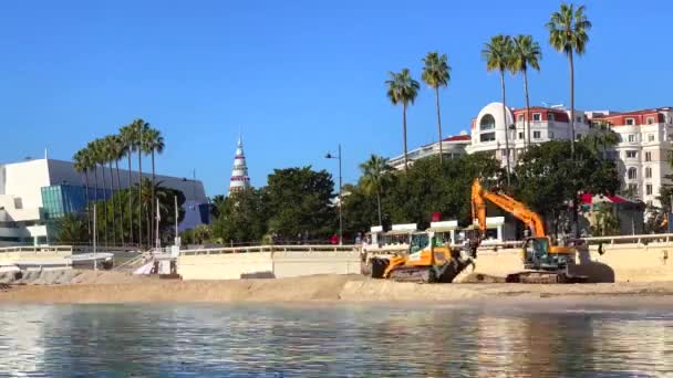 Fransa Cannes Ocak 2019 Kum Plaj Tamir Panoramik Promenade Croisette — Stok video
