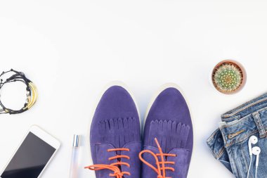 Düz beyaz arka plan kopya alanı ile kulaklıktan süet ayakkabı, kot, bilezik kaktüs ve akıllı telefon yatırın. Kadın rahat kıyafet havai görünümü. Trendy hipster bak üstten görünüm
