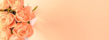 Yaratıcı en iyi görünüm düz taze mercan pembe gül buketi kopya alanı pastel Kağıt arka plan minimalizm tarzı ile yatıyordu. Düğün davetiye kartı şablonu kadınsı blog sosyal medya tatil