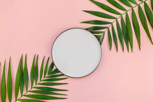 Creative flat lay top view of green tropical palm leaves millennial pink paper background with empty plate mock up copy space. Minimal tropical palm leaf plants summer template for your text or design