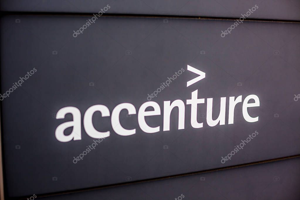 MUNICH, GERMANY - DECEMBER 26, 2018: Accenture logo at the company office building located in Munich, Germany
