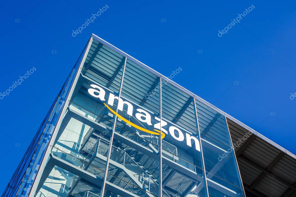 MUNICH, GERMANY - DECEMBER 26, 2018: Amazon logo at the company office building located in Munich, Germany