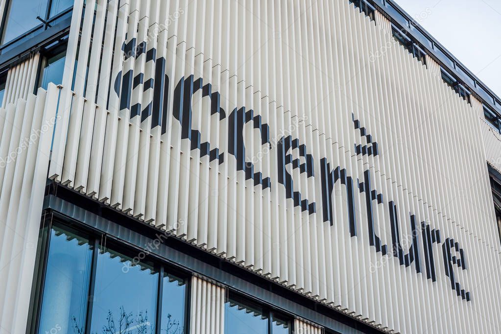 MUNICH, GERMANY - DECEMBER 26, 2018: Accenture logo at the company office building located in Munich, Germany