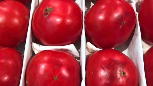 Tomates Rojos Frescos Maduros Vendiendo Supermercado Vídeo Horizontal — Vídeo de stock