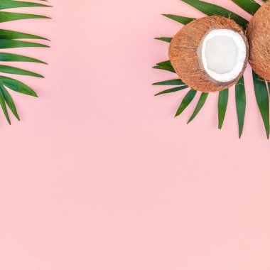 Yaratıcı düz yatıyordu üstten görünüm yeşil tropikal palmiye Hindistan cevizi meyve ve Hindistan cevizi yağı kozmetik cilt ve saç bakımı için pembe Kağıt arka plan kopya alanı üzerinde bırakır. En az tropikal yaz güzellik spa konsept